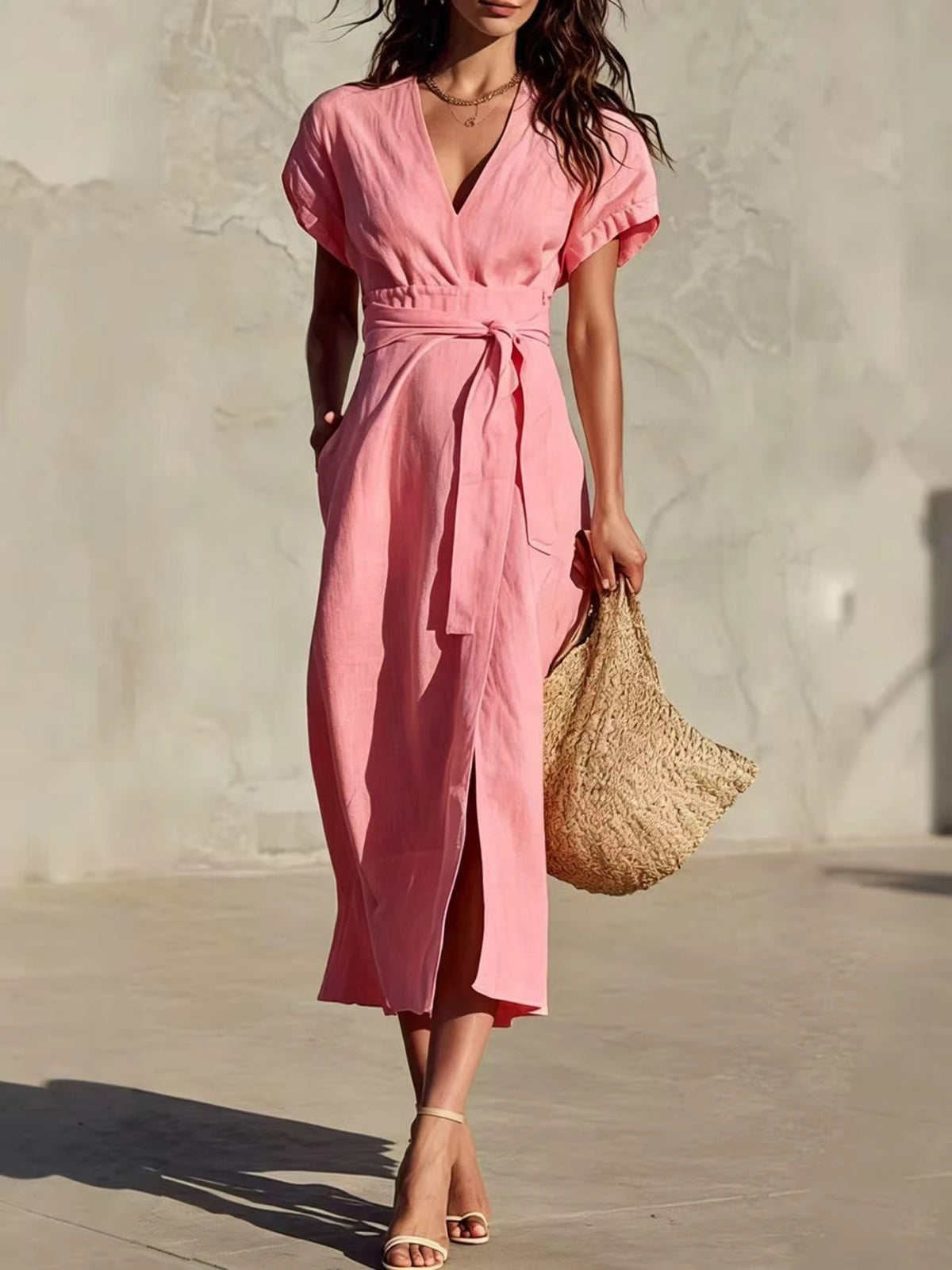 Midi-Kleid mit V-Ausschnitt & Taschen – Bild 4 | LuxeStyle