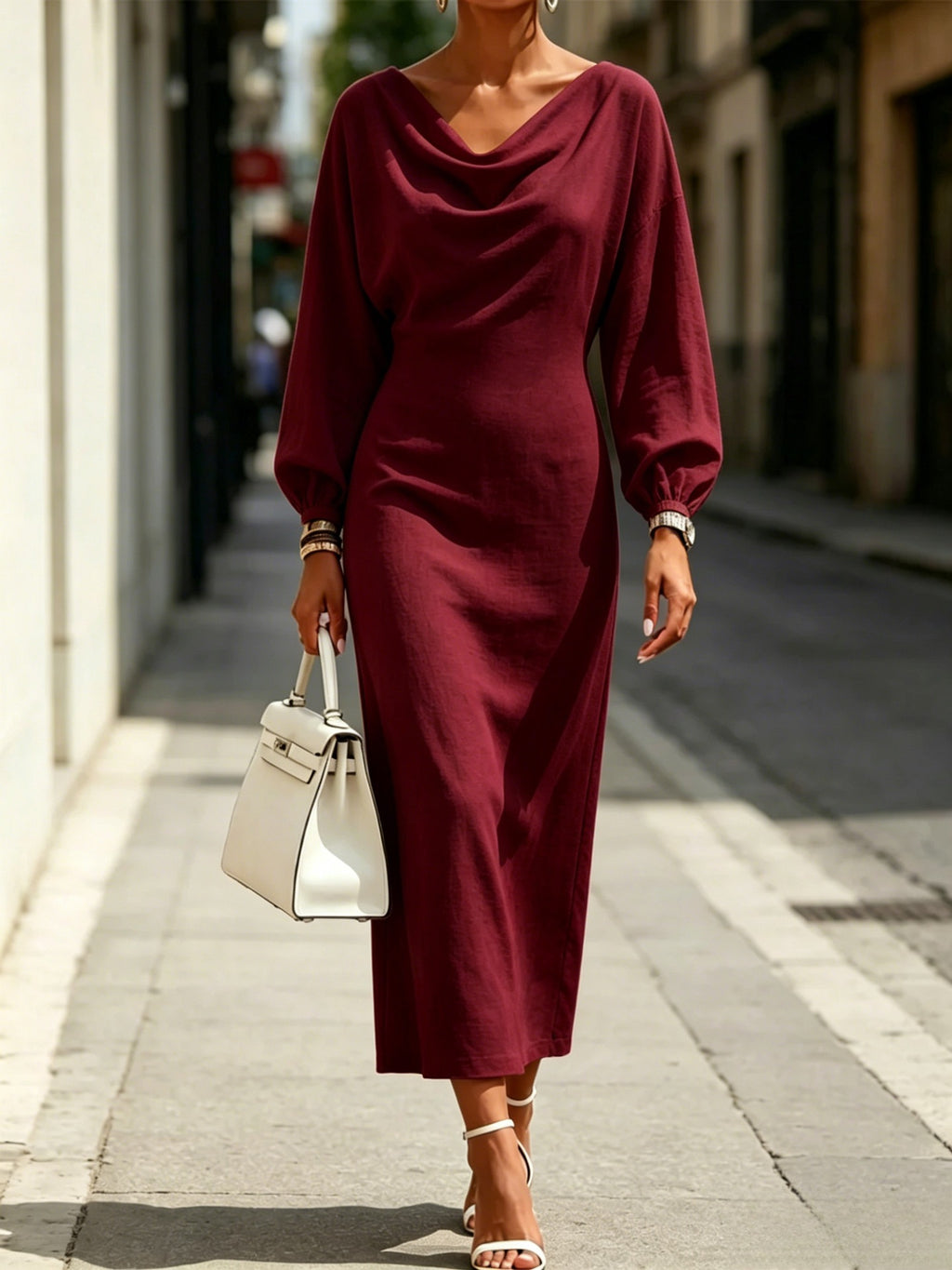 Elegantes Midi-Kleid mit A-Linie und Puffärmeln – Bild 6 | LuxeStyle