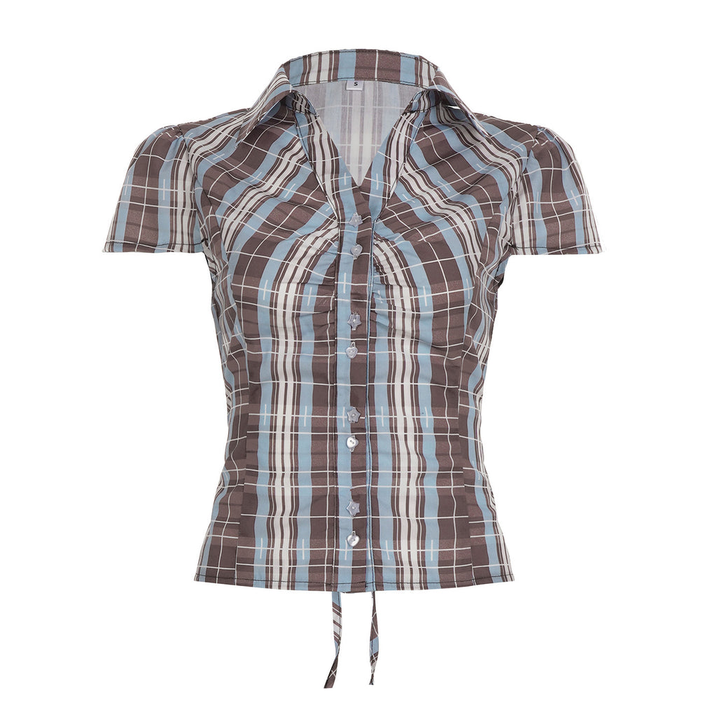 Blaues kariertes Kurzärmling Shirt | LuxeStyle