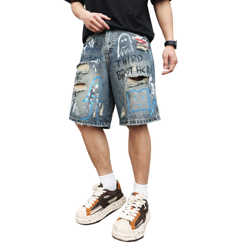 Ripped Jeans Shorts für Herren mit Graffiti