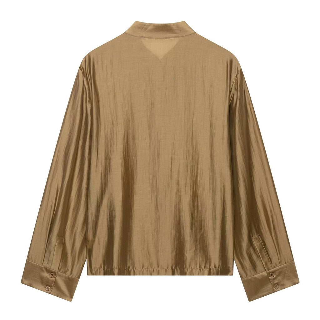 Satinbluse mit Stehkragen und Schleifen-Detail