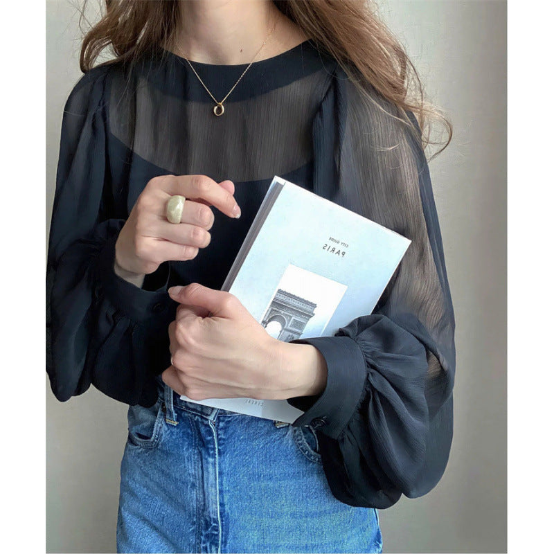 Chiffon-Top mit Puffärmeln und Rundhals