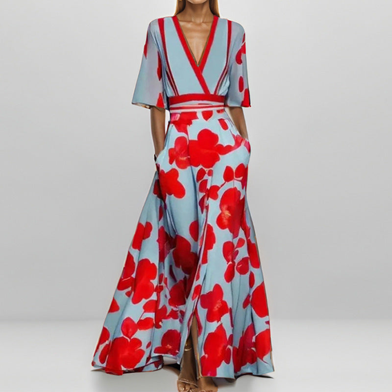 Elegantes V-Ausschnitt Maxikleid mit Blumenmuster – Bild 12 | LuxeStyle