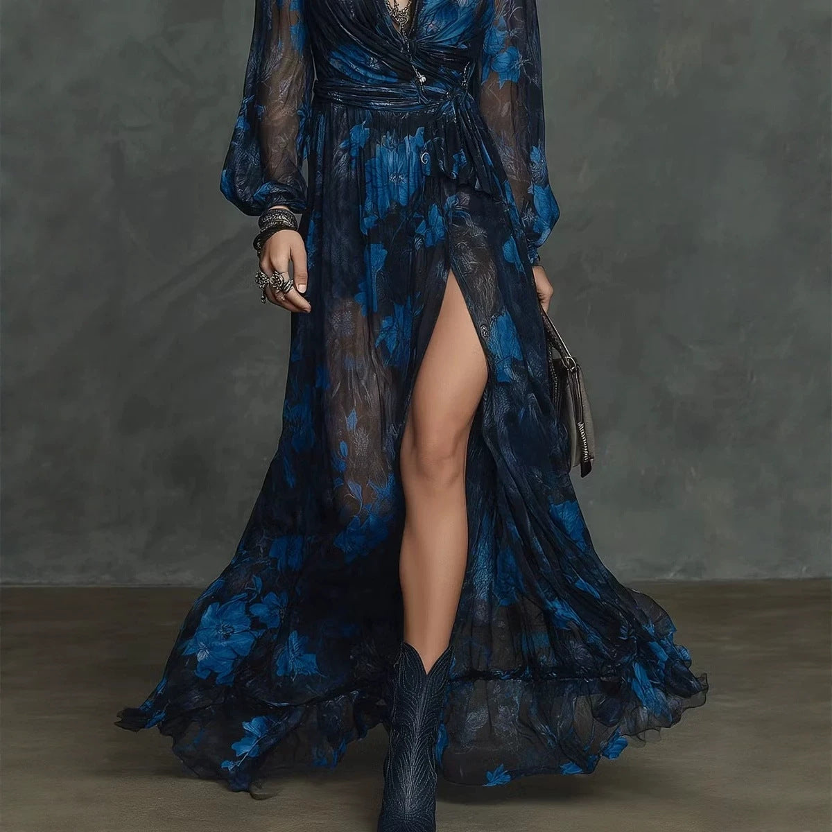 Blaues V-Ausschnitt-Latzkleid mit Rüschenärmeln – Bild 2 | LuxeStyle