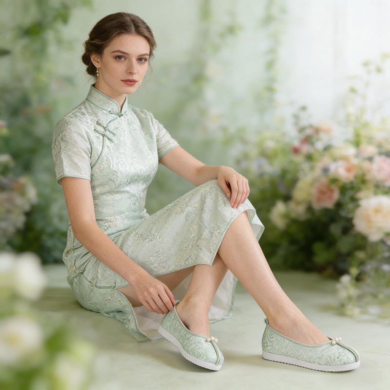 Jacquard Satin Flats mit Perlen