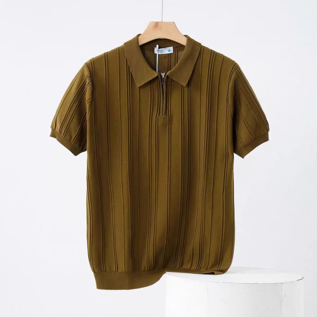 Gestreiftes Kurzarm-Polohemd mit Half-Zip
