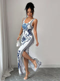 Retro-Blau-Weiß Porzellan-Druck Modisches Damenkleid
