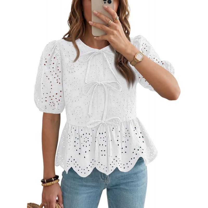 Rüschen-Top mit Puffärmeln und Schnürgürtel – Bild 5 | LuxeStyle