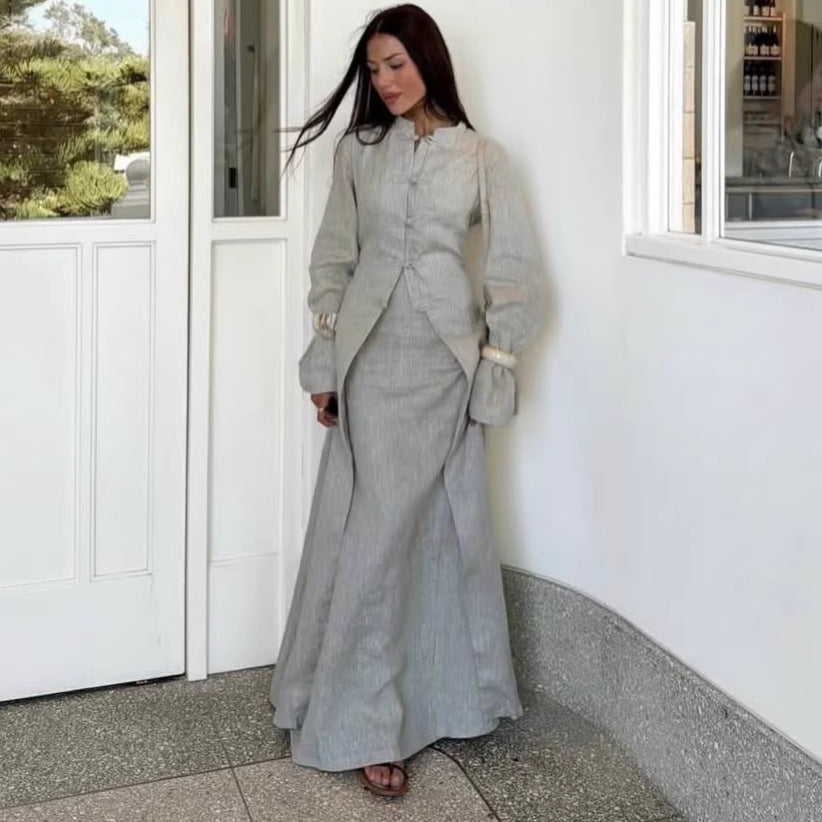 Vintage Langarm-Kleid mit Stehkragen