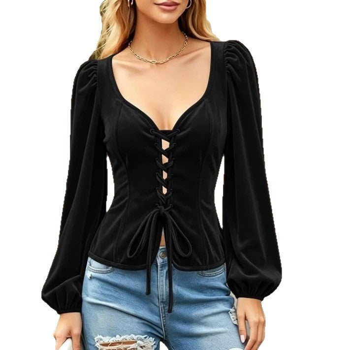 Samt-Bluse mit Schnürung und Ballonärmeln