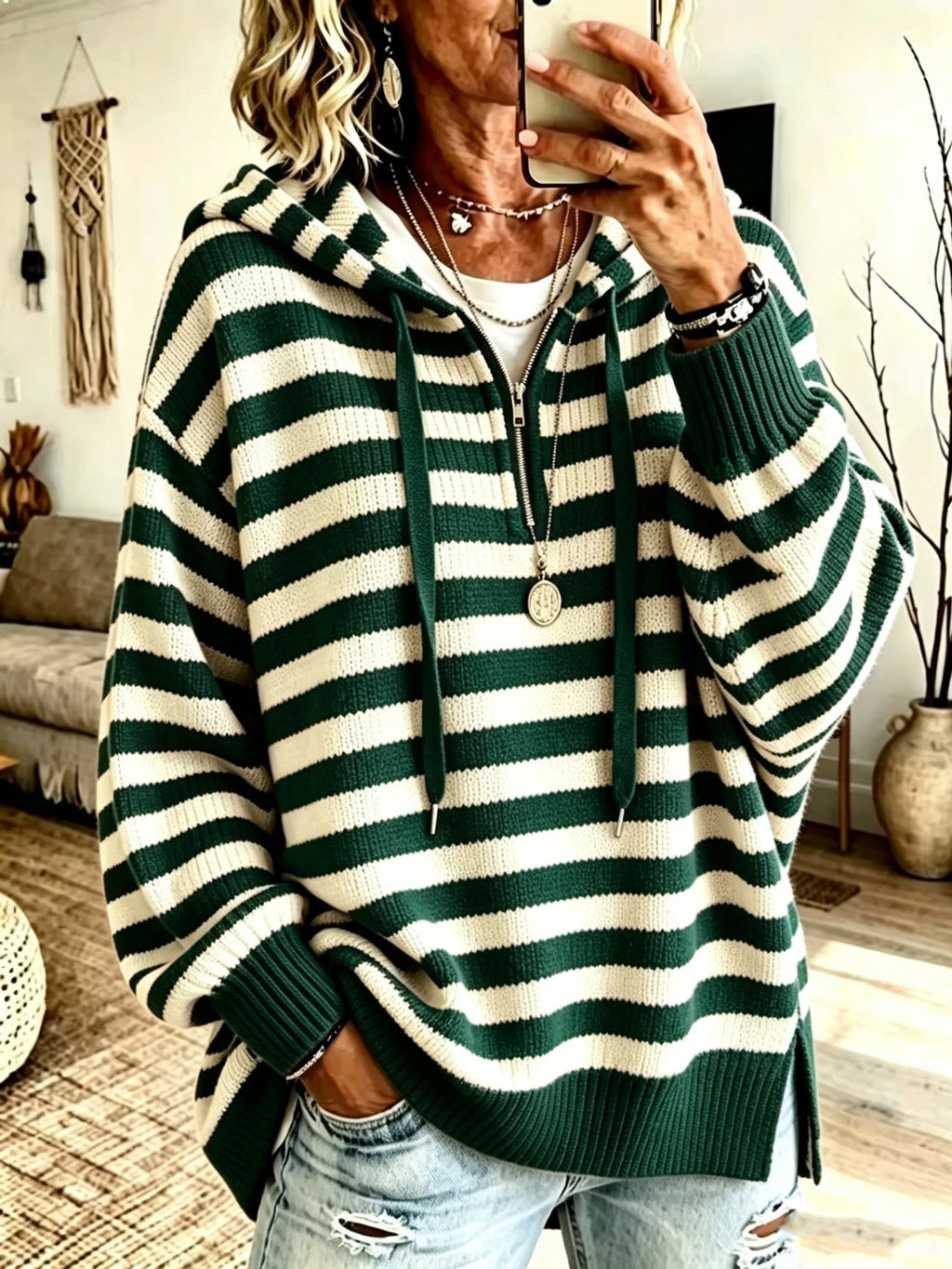 Gestreifter Half-Zip Pullover mit Stehkragen