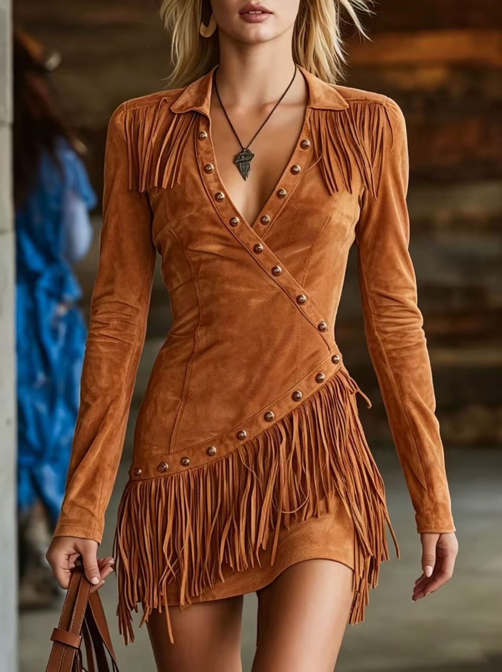 Western Denim Suede Quasten Slim-Fit Langarmkleid