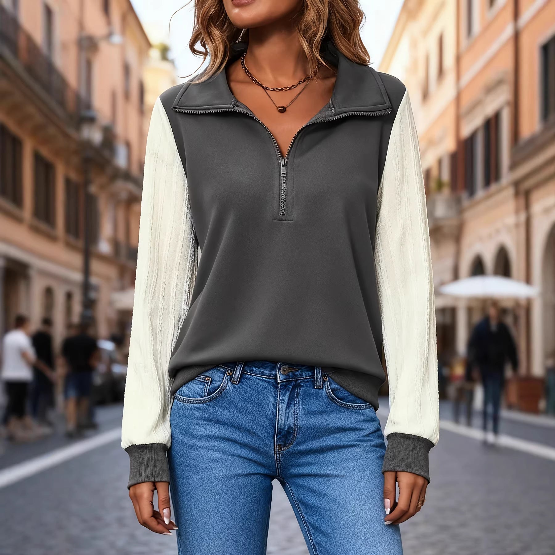 Color-Blocked Hoodie mit halbem Reissverschluss