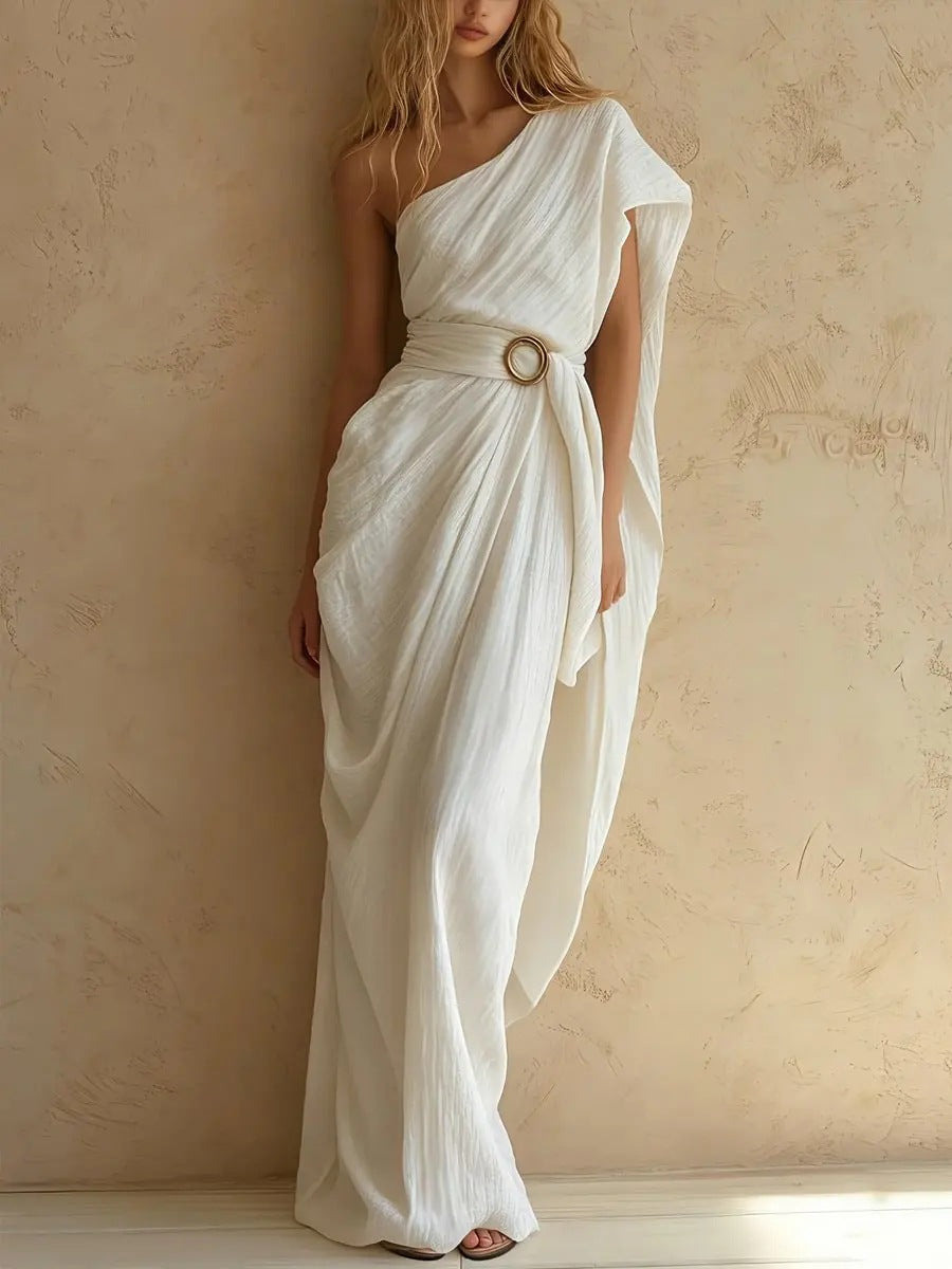 Elegantes Baumwoll-Leinen One-Shoulder Kleid – Bild 8 | LuxeStyle