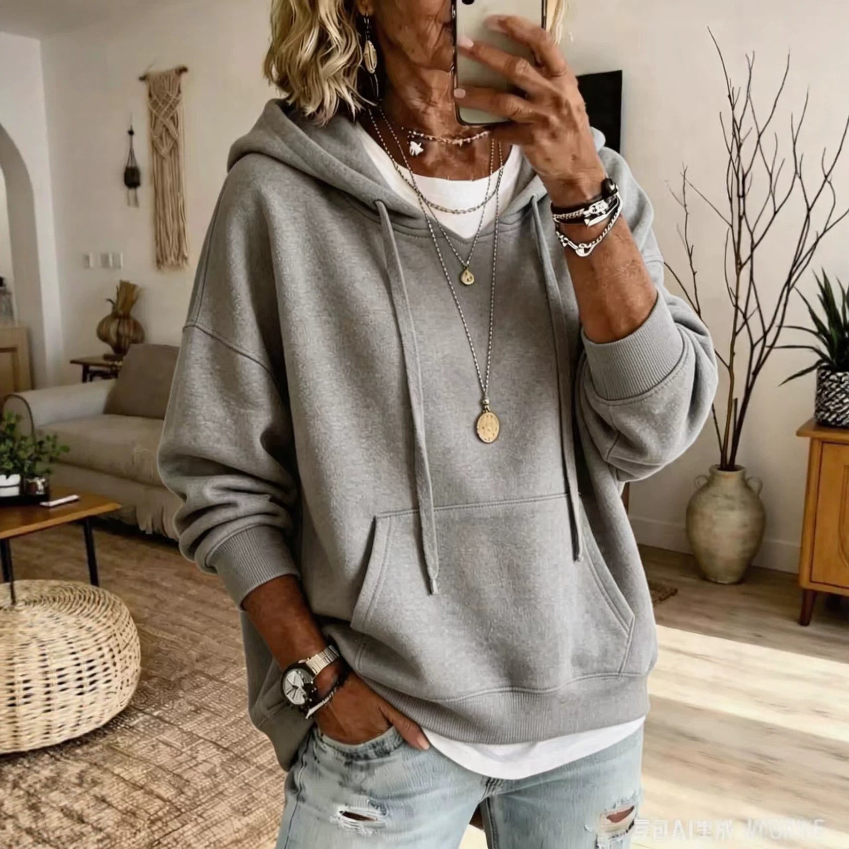 Damen Hoodie Bequem mit Taschen und Langarm