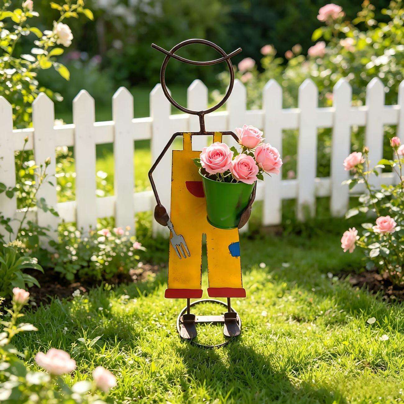 Blumentopf-Figur aus bemaltem Schmiedeeisen