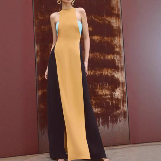 Langes Damenkleid mit Patchwork, ärmellos