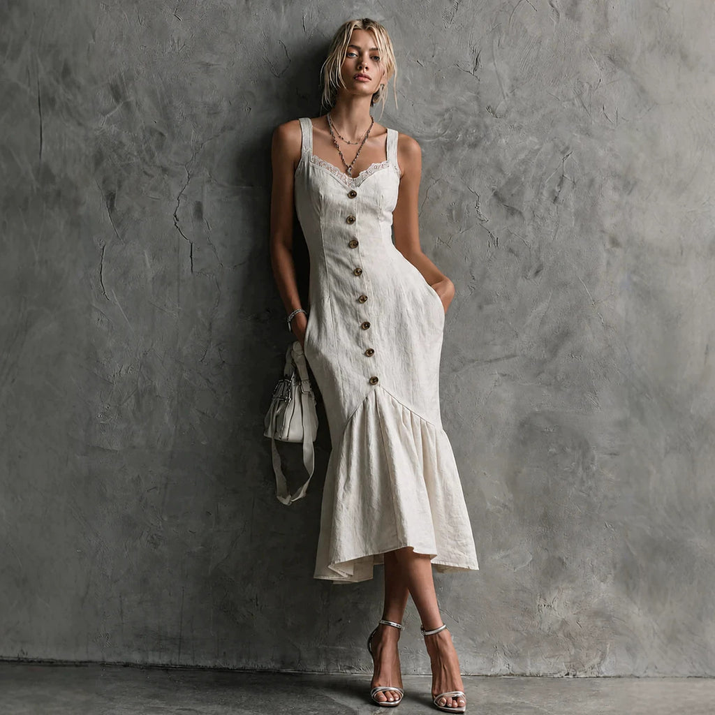 Langes Fishtail-Kleid mit Spitze und Knopfleiste | LuxeStyle
