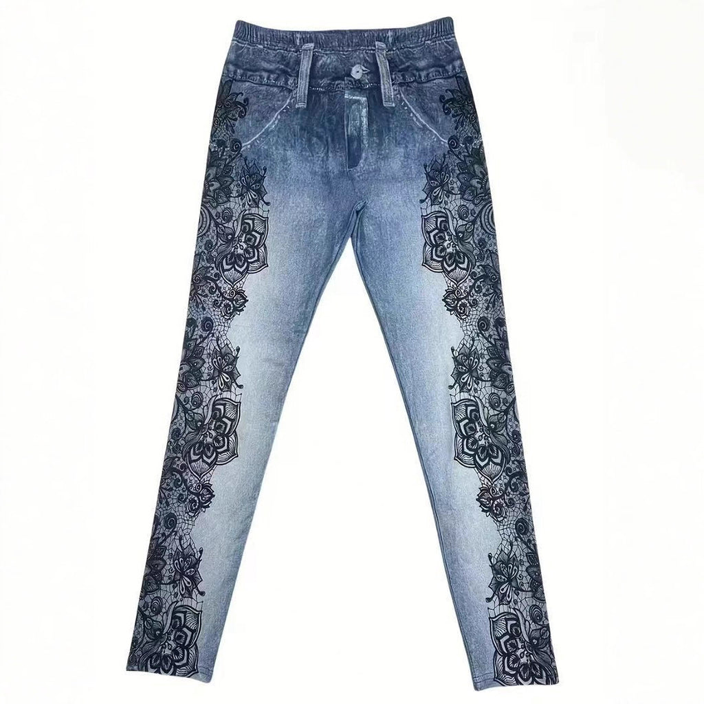 Blaues Skinny-Pantalon mit Print
