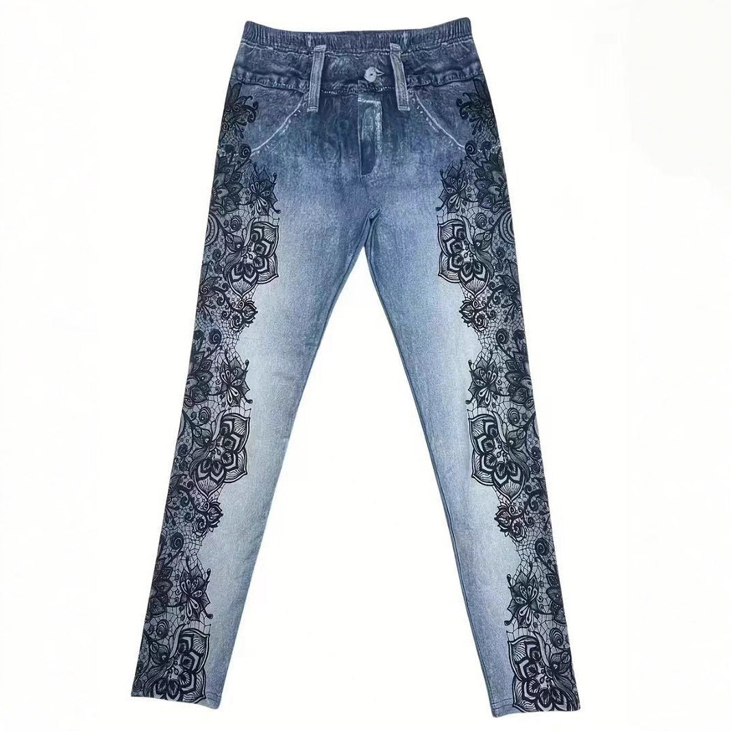 Blaues Skinny-Pantalon mit Print