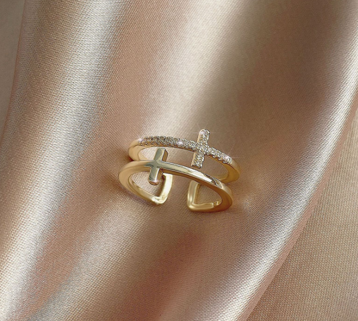 Doppelkreuz Zirkonring, Kupfer, verstellbar