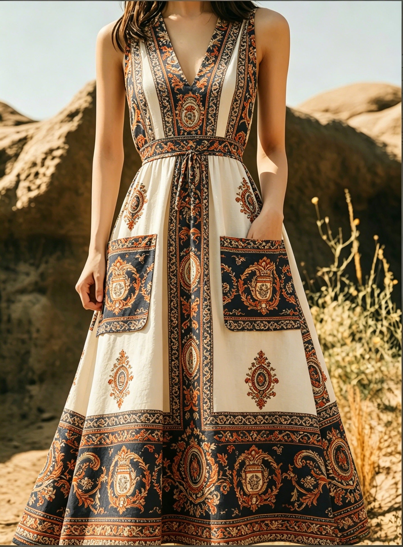 Figurbetontes A-Linien Maxikleid mit V-Ausschnitt