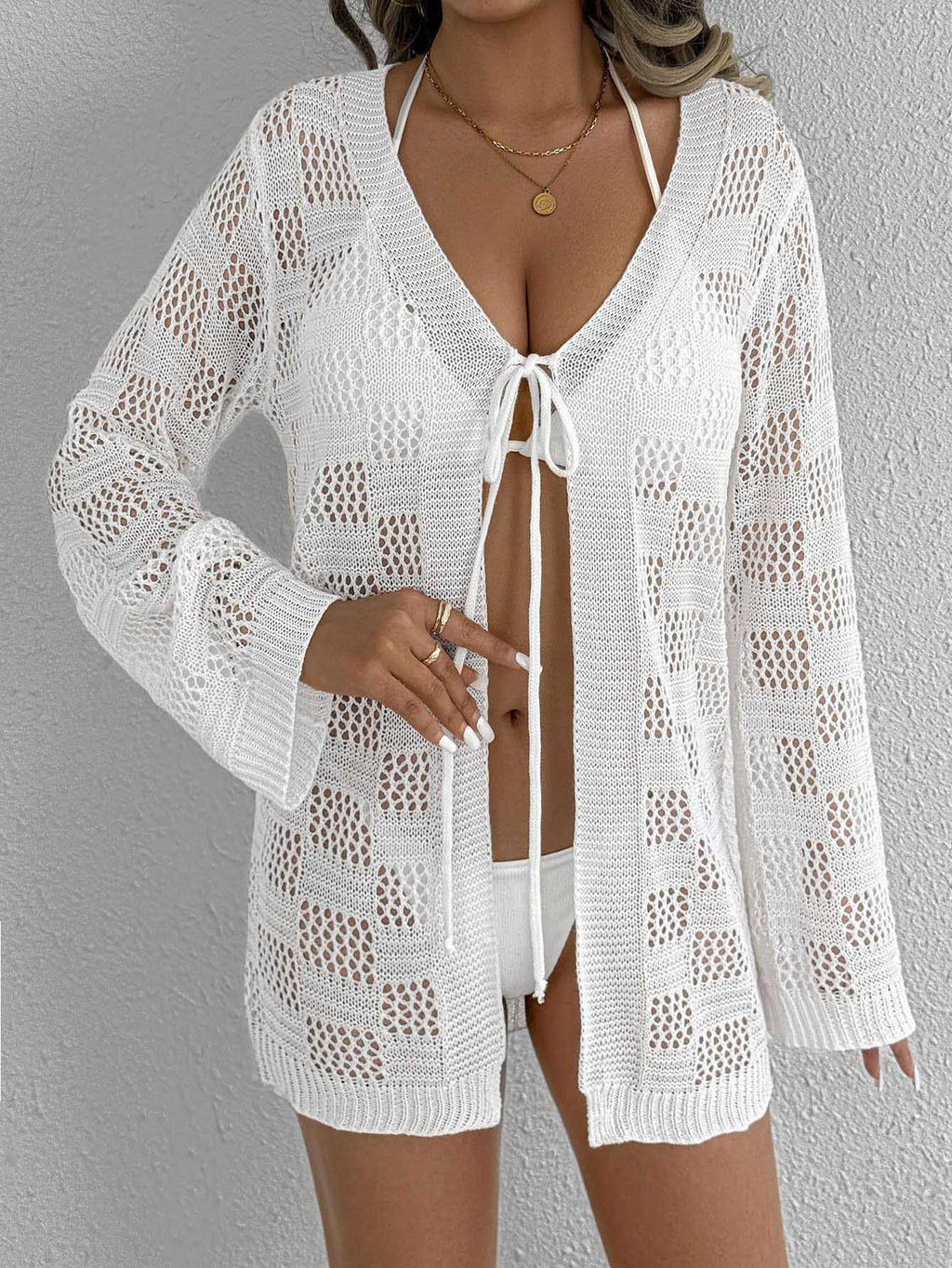 Langes Strick-Cardigan mit Lochmuster