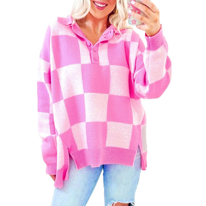 Halb-Knopf Pullover mit Patchwork-Karo