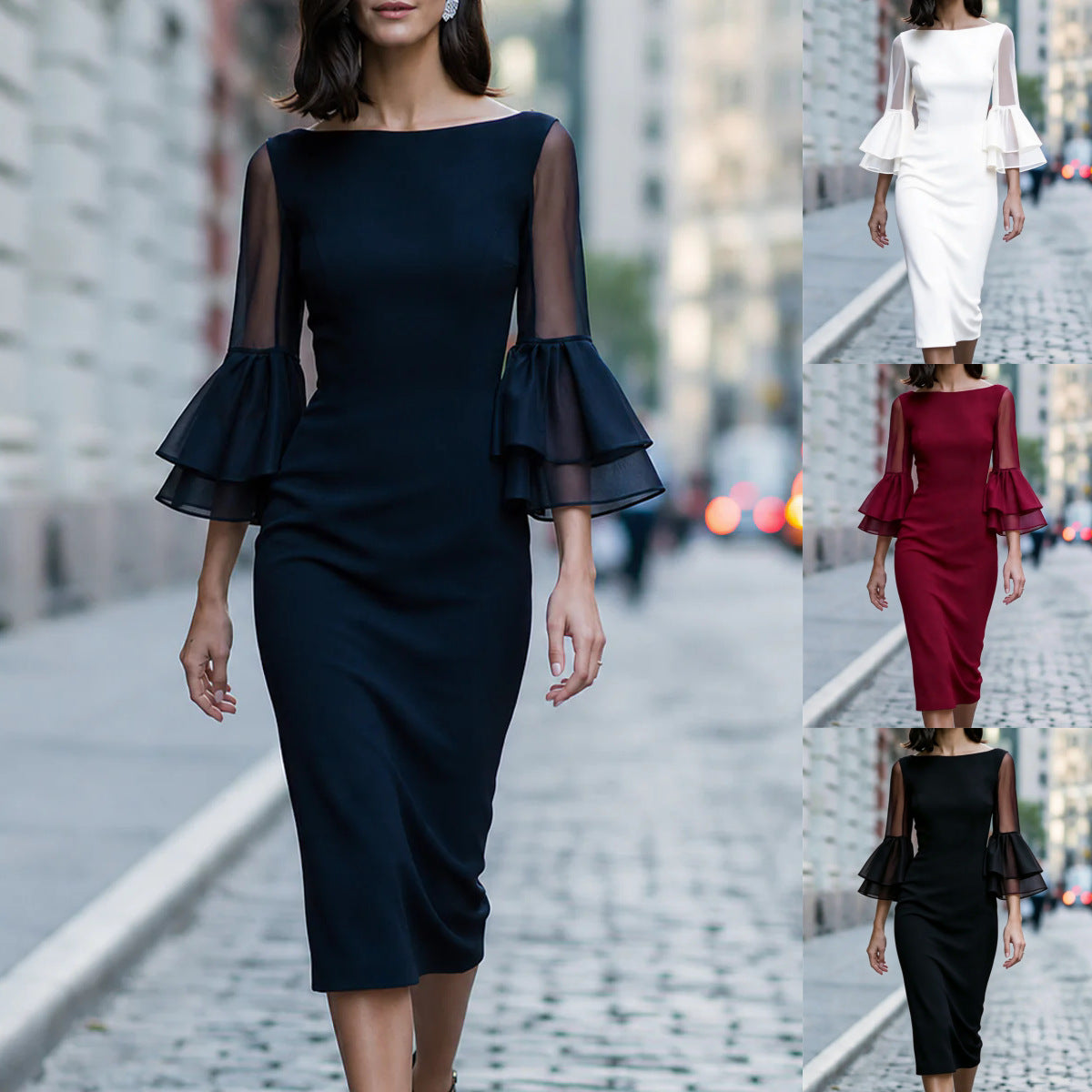 Off-Shoulder Etuikleid mit ausgestellten Ärmeln