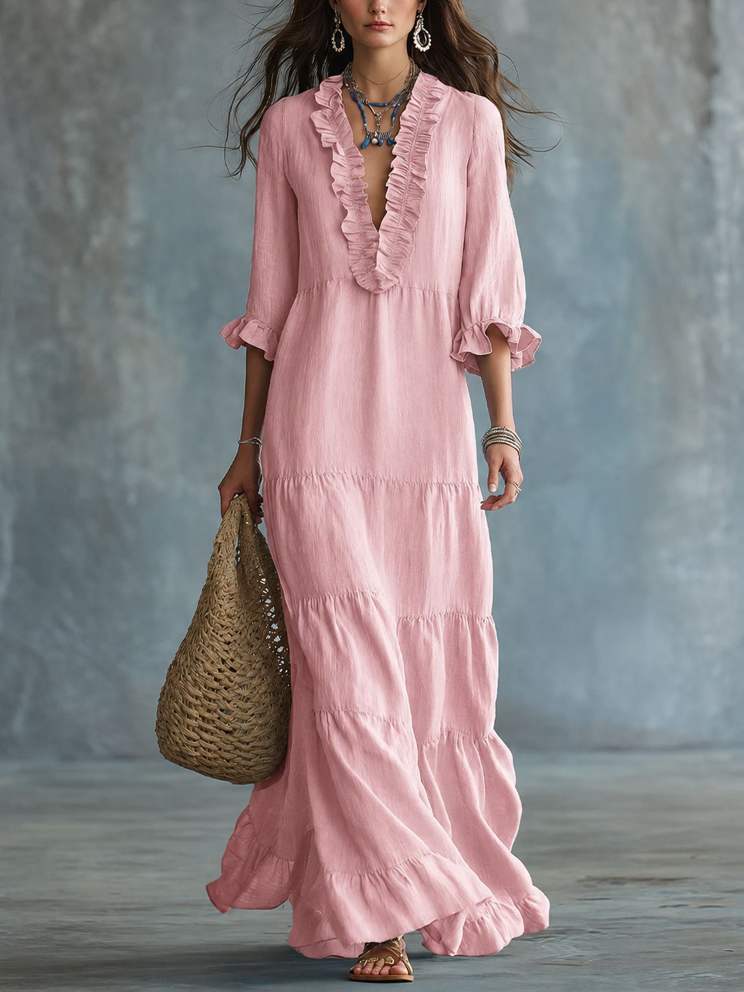 V-Ausschnitt Maxi-Kleid mit Rüschensaum – Bild 9 | LuxeStyle