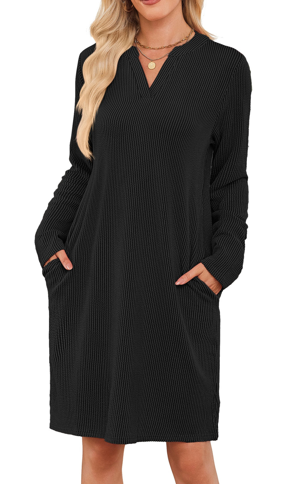 Locker geschnittenes V-Neck Midi-Kleid mit Taschen – Bild 8 | LuxeStyle