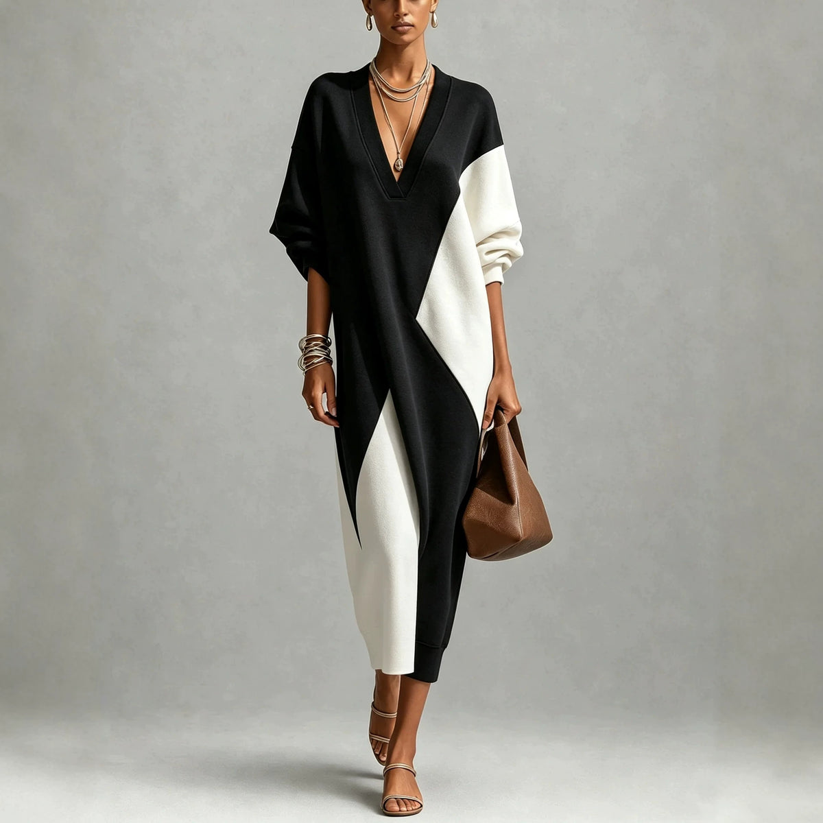 Langes Kleid mit geometrischem Patchwork – Bild 2 | LuxeStyle