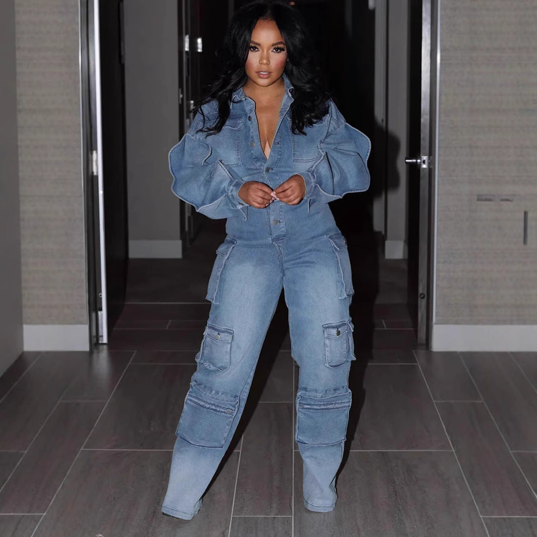 Blauer Jumpsuit mit Straight-Leg-Hose
