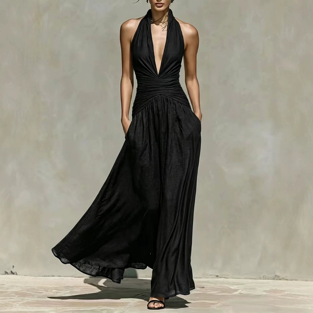 V-Ausschnitt Kleid, Taille betonend, slim-fit, weite Maxi-Rockschleppe