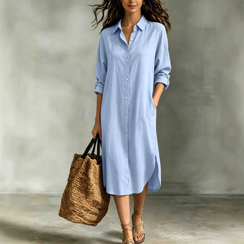 Leinen-Baumwoll Hemdblusenkleid mit Taschen – Bild 9 | LuxeStyle