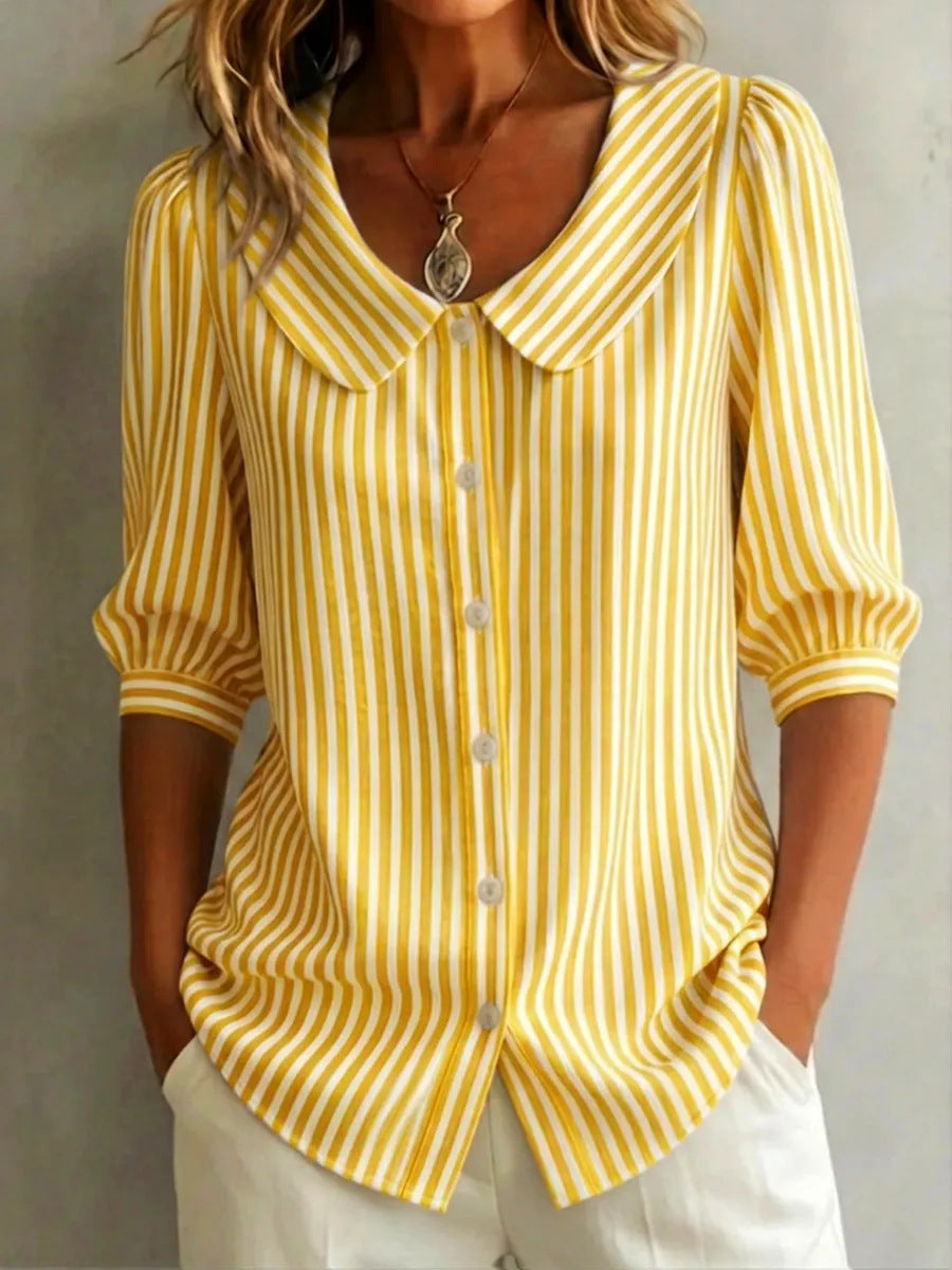 Gestreifte V-Neck Bluse mit Laternenärmeln