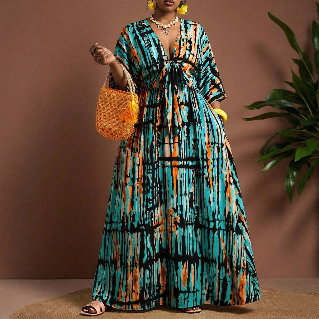 V-Ausschnitt Resort-Kleid mit Geometrie-Muster
