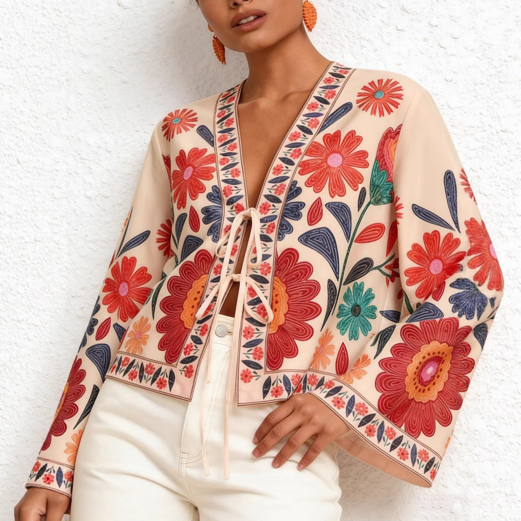 Boho-Jacke «Fiore» · Blüten-Stickerei, Bindeband