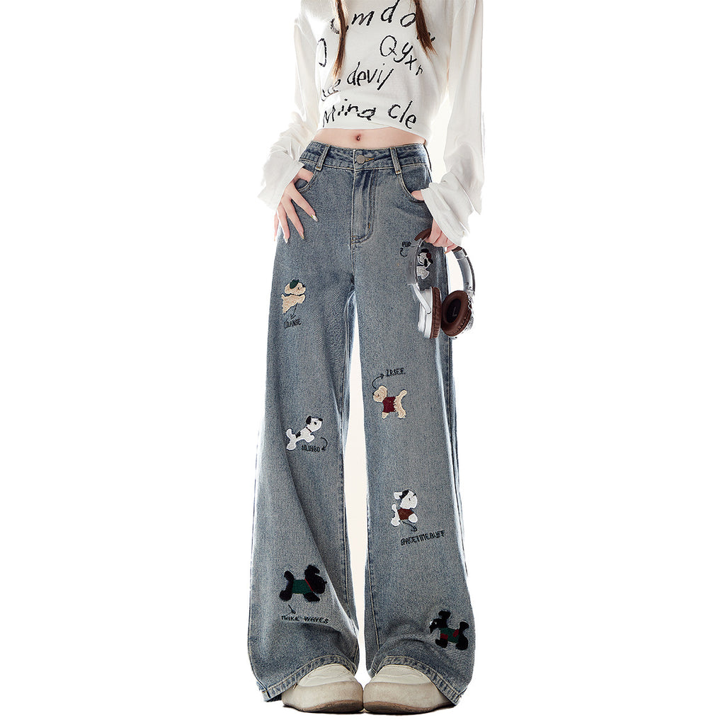 Rustikale Bestickte Denim Jeans mit Hundemotiv