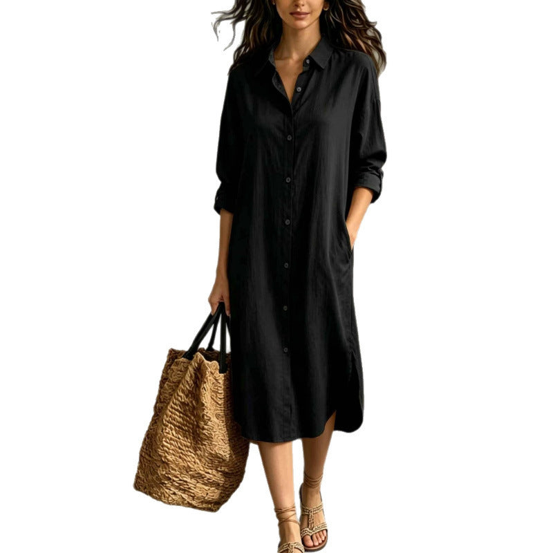 Leinen-Baumwoll Hemdblusenkleid mit Taschen – Bild 1 | LuxeStyle