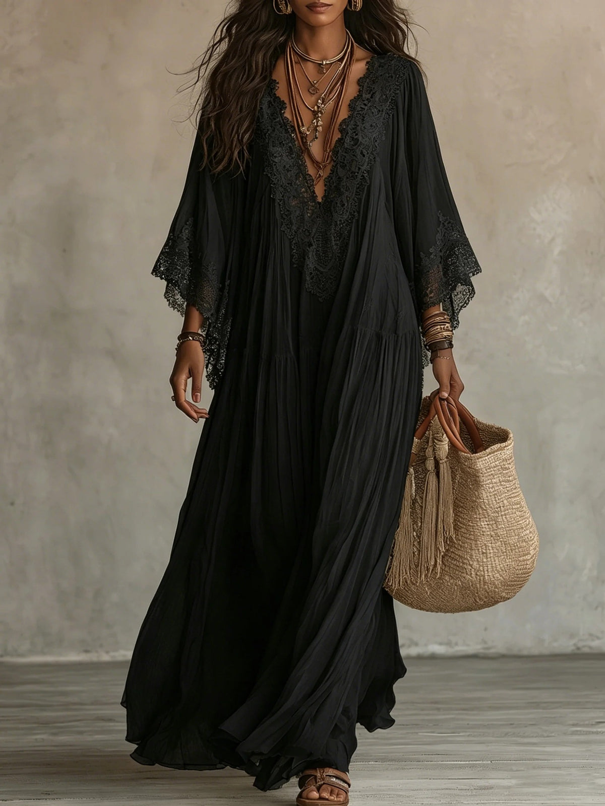 Spitzenkleid mit V-Ausschnitt & Fledermausärmeln – Bild 6 | LuxeStyle