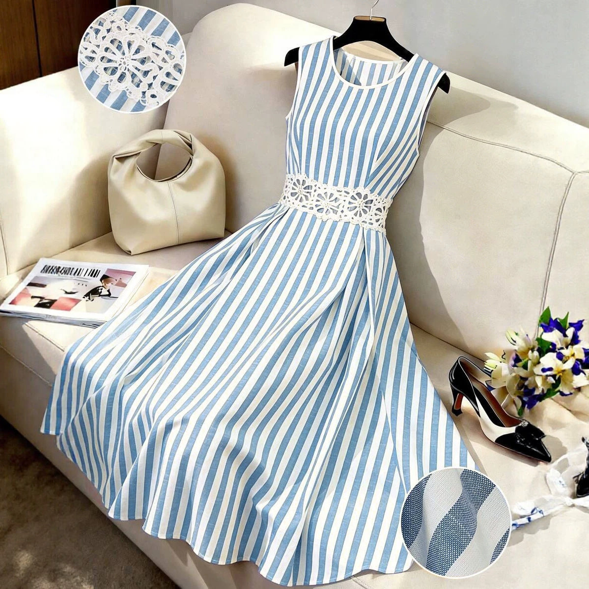 Streifen-Kleid mit Spitze