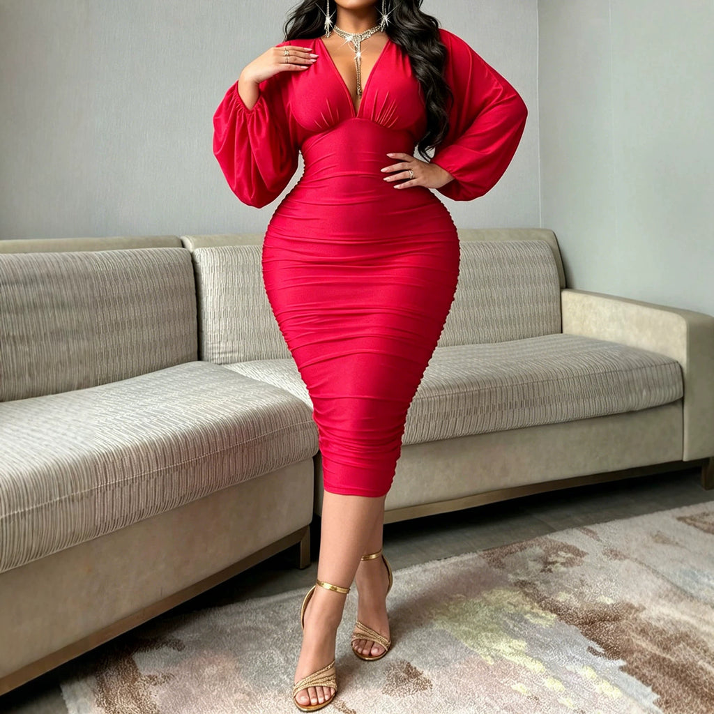 Elegantes V-Ausschnitt Strickkleid in Rot