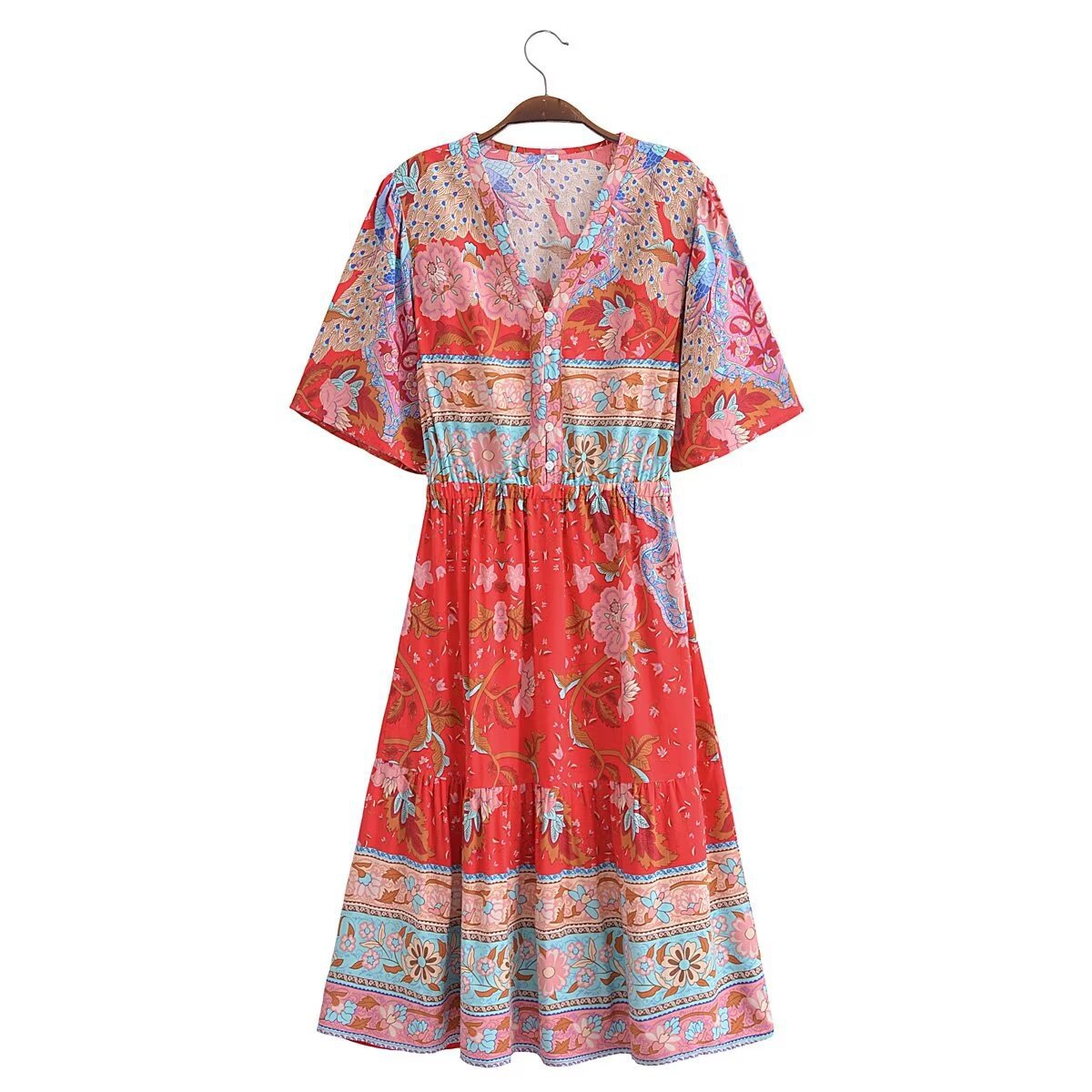 Ethno-Kleid aus Baumwollseide mit V-Ausschnitt