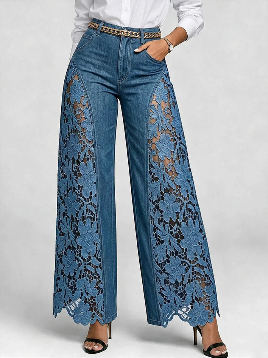Hochtaillierte Weitbeine Damen Jeans mit Spitzenpaneelen