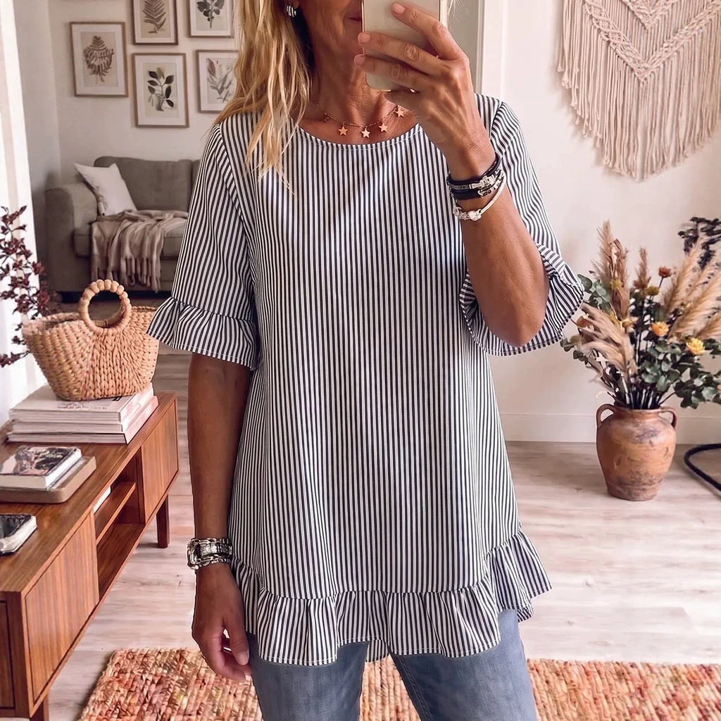 Gestreifte Bluse mit Rüschensaum – Bild 3 | LuxeStyle