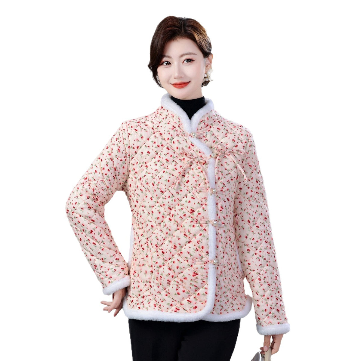 Damen-Jacke mit Blumenmuster und diagonalem Verschluss – Bild 3 | LuxeStyle