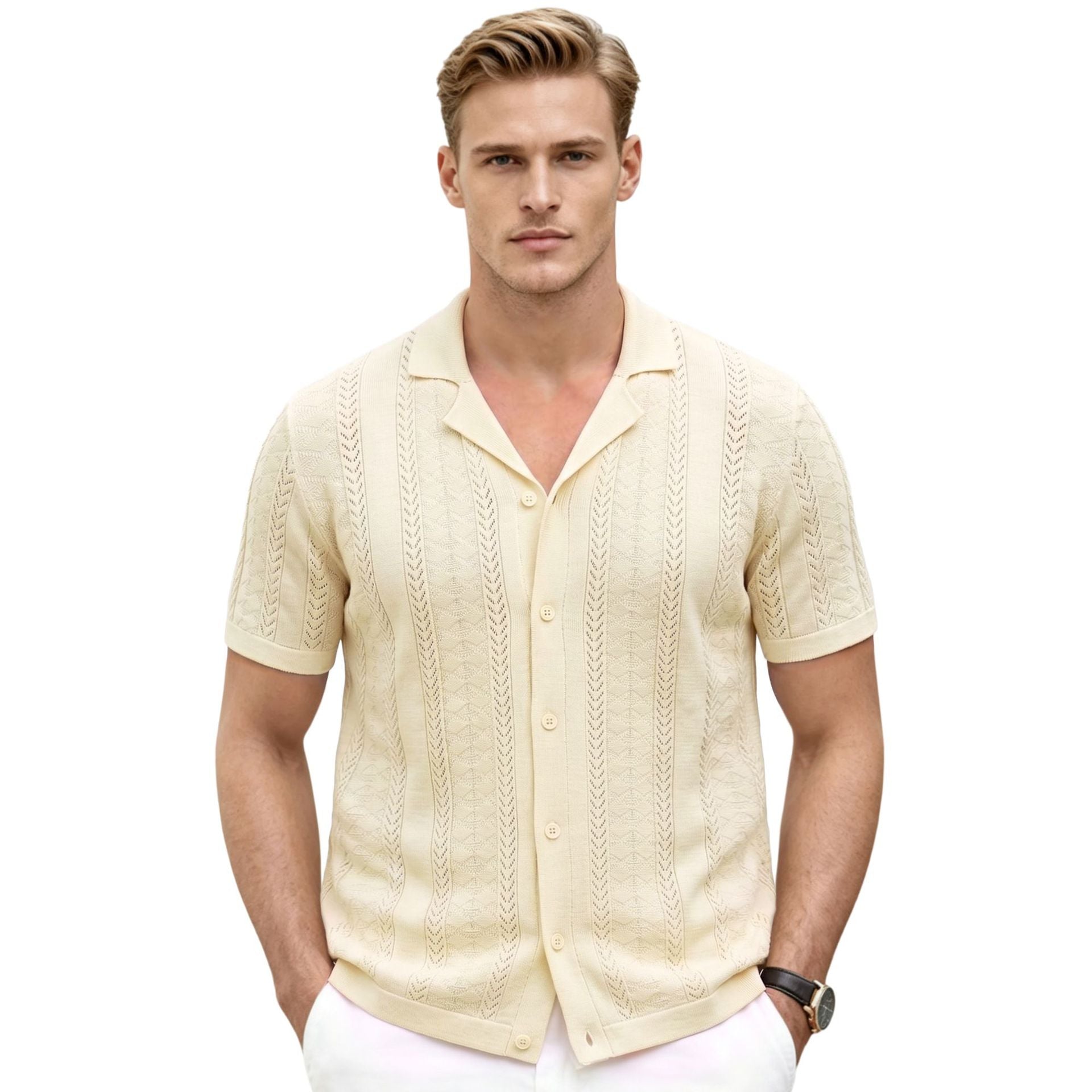 Chemise en maille pour homme «Amalfi» · Maille ajourée, Col camp
