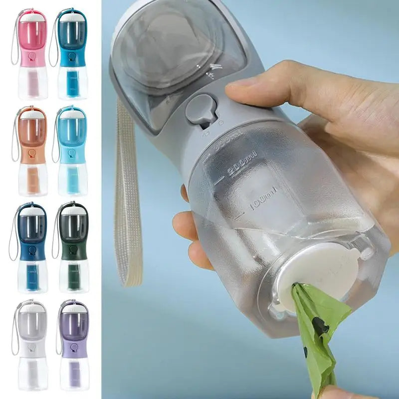 3-in-1 Pet-Flasche mit Wasser, Futter & Müllbeutel