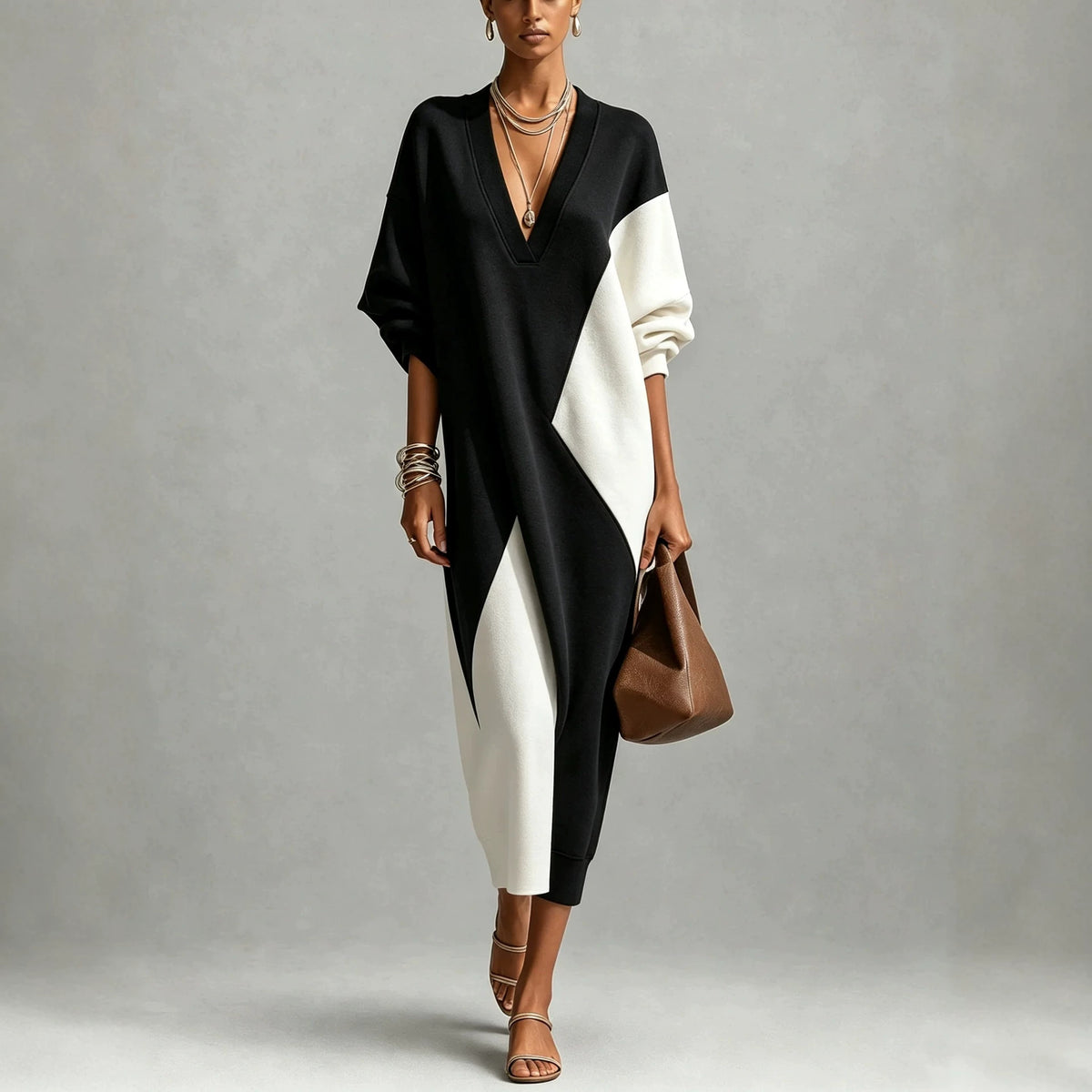 Langes Kleid mit geometrischem Patchwork – Bild 4 | LuxeStyle